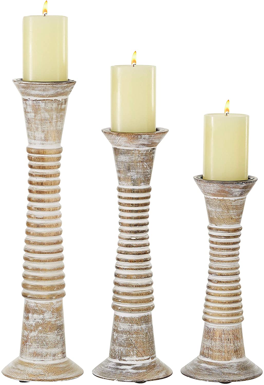 Round White Washed Wood Carved Candle Holders Textured