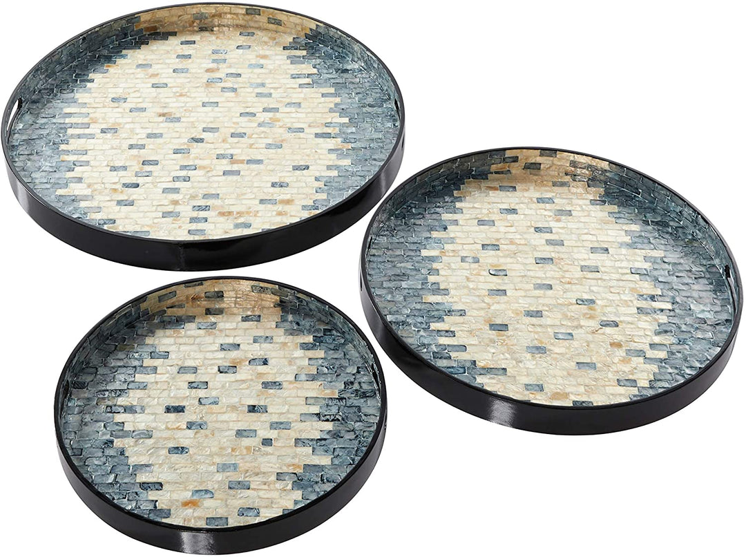 Round Pearl Blue Shell Serving Trays Set 3 23" 19" 15" 24