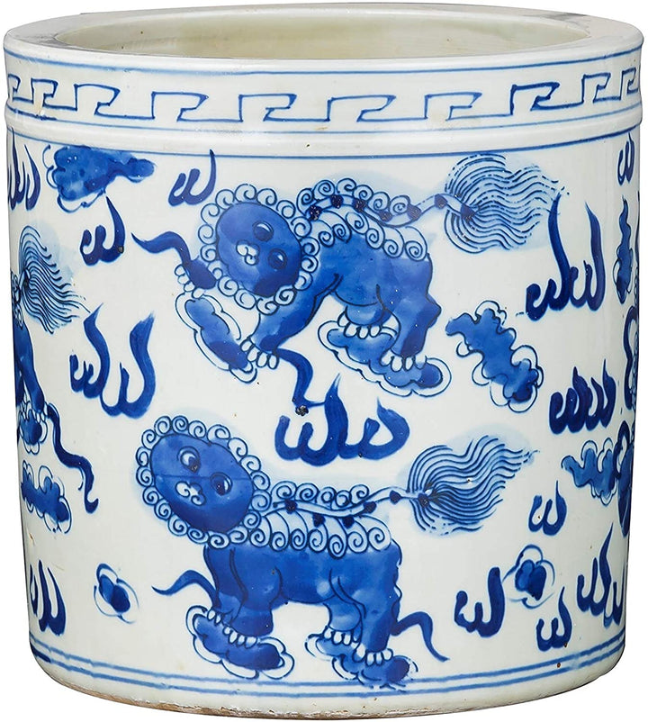 Blue White Orchid Pot Foo Dog Motif