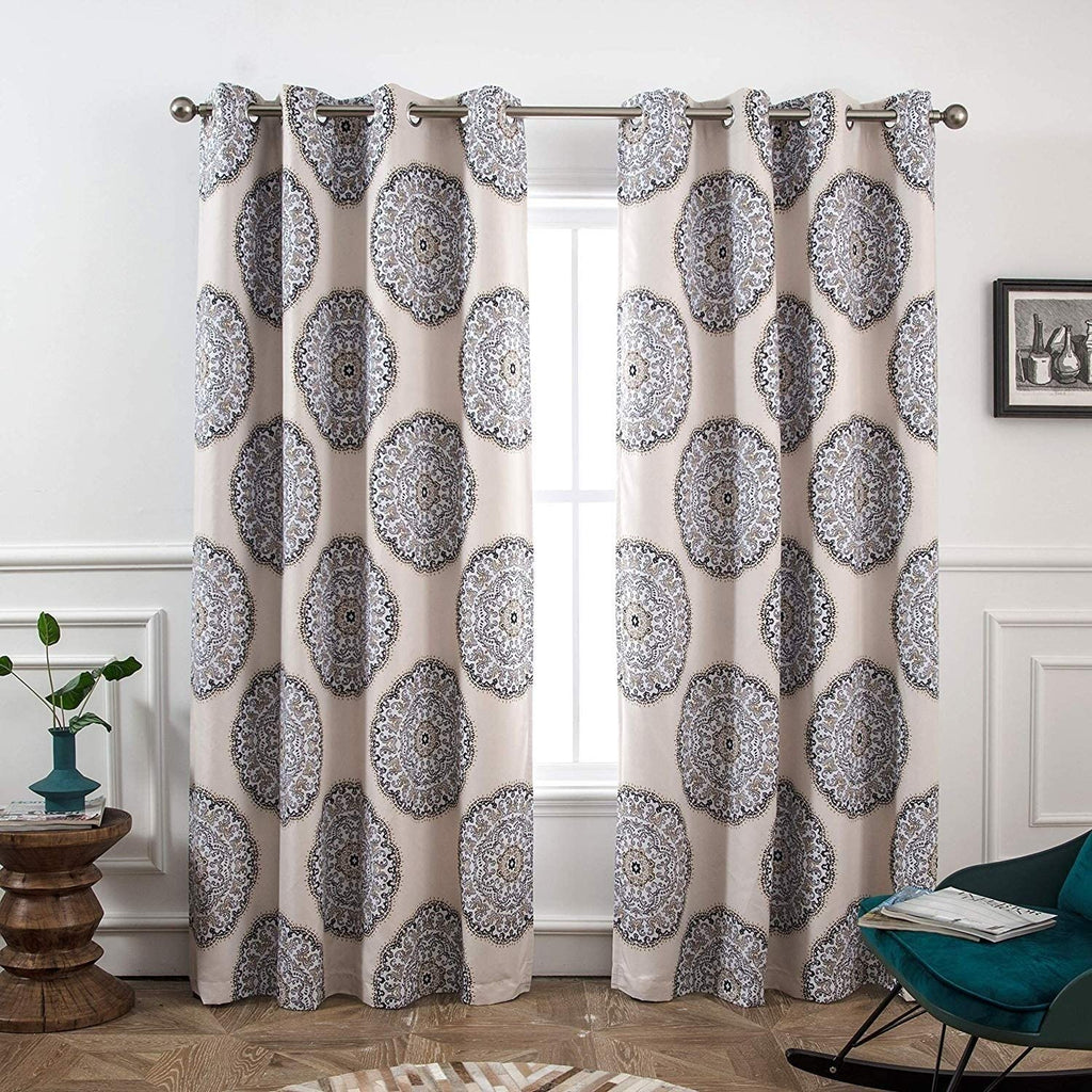Medallion Pattern Blackout Lined Window Curtain Panel Pair 52" Width X 84" Length Grey Kids Teen Modern Contemporary Polyester Thermal