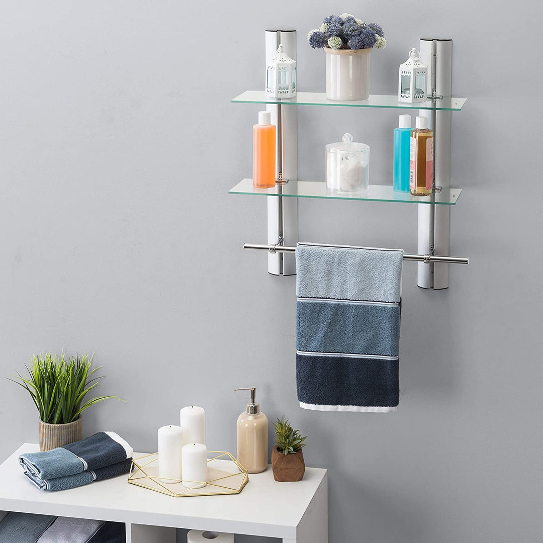 2 Tier Adjustable Glass Shelf Frame Towel Bar Silver Brushed Includes Hardware - Diamond Home USA