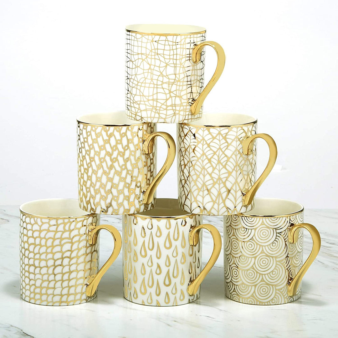 Mosaic Gold Plated Mugs Set 6 White Geometric Modern