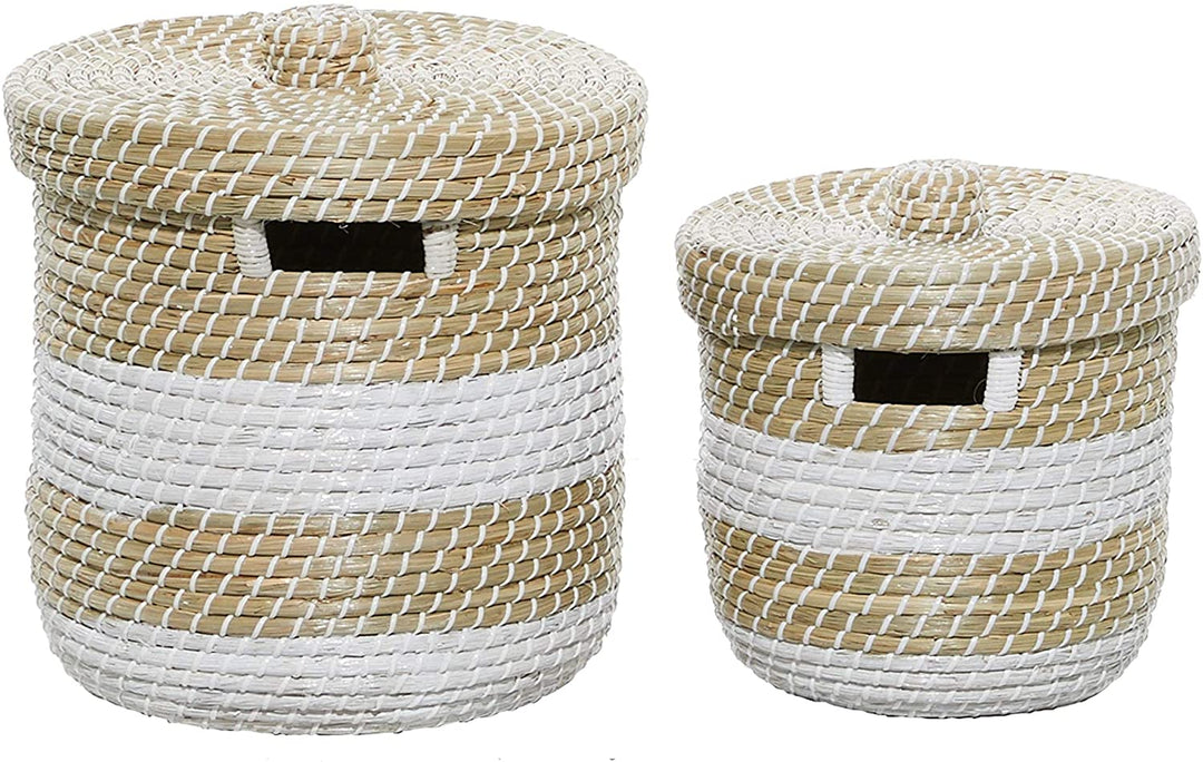 Woven Striped Round Seagrass Basket Lid Set 2 13" 17" 15 X 17round Color - Diamond Home USA