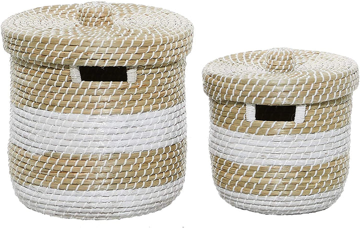 Woven Striped Round Seagrass Basket Lid Set 2 13" 17" 15 X 17round Color - Diamond Home USA