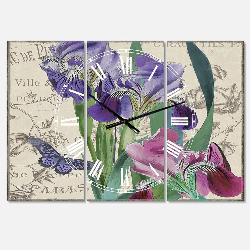 Vintage Flowers Iii' Oversized Cottage Wall Clock 3 Panels 36 Wide X 28 High Purple Farmhouse Traditional Rectangular Steel Finish Battery - Diamond Home USA