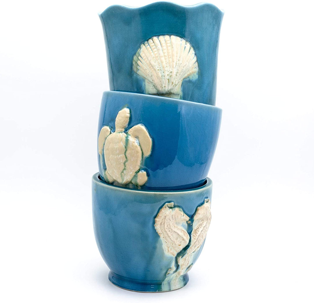 Aqua Seashell Planter Color Nautical Coastal Round Stoneware