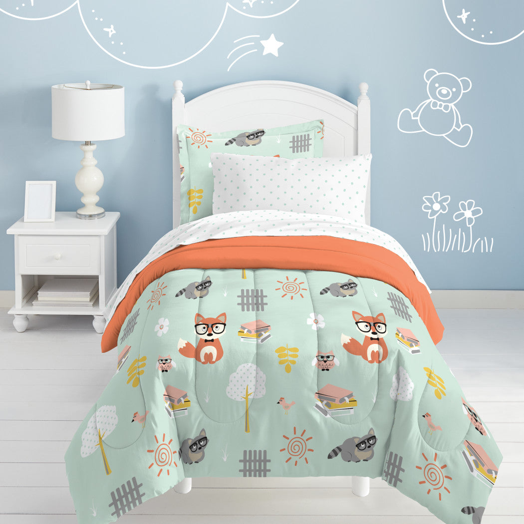 Kids Unisex Mint Orange Woodland Comforter Twin Set Green Safari Themed Bedding Adorable Forest Animals Bed Bag Foxes Raccoons Owls Wearing Glasses