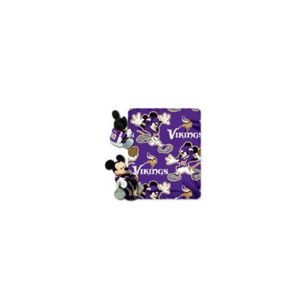 NFL Vikings Throw Blanket Full Set Disney Mickey Mouse Character Shaped Pillow Sports Patterned Bedding Team Logo Fan Purple Gold White - Diamond Home USA