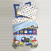 Boys Blue Green Factory Trucks Comforter Twin Set Yellow Red Road Work Pattern Cement Dump Trucks Police Car Scooters Airplanes Road Signs Zeppelin Design Kids Bedding Cozy Teen Themed Cotton - Diamond Home USA