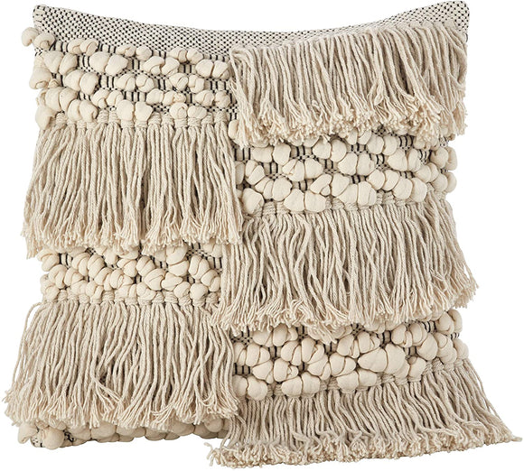 Moroccan Wedding Blanket Design Fringe Cotton Down Filled Throw Pillow Off/White Abstract Bohemian Eclectic Farmhouse Modern Contemporary Single