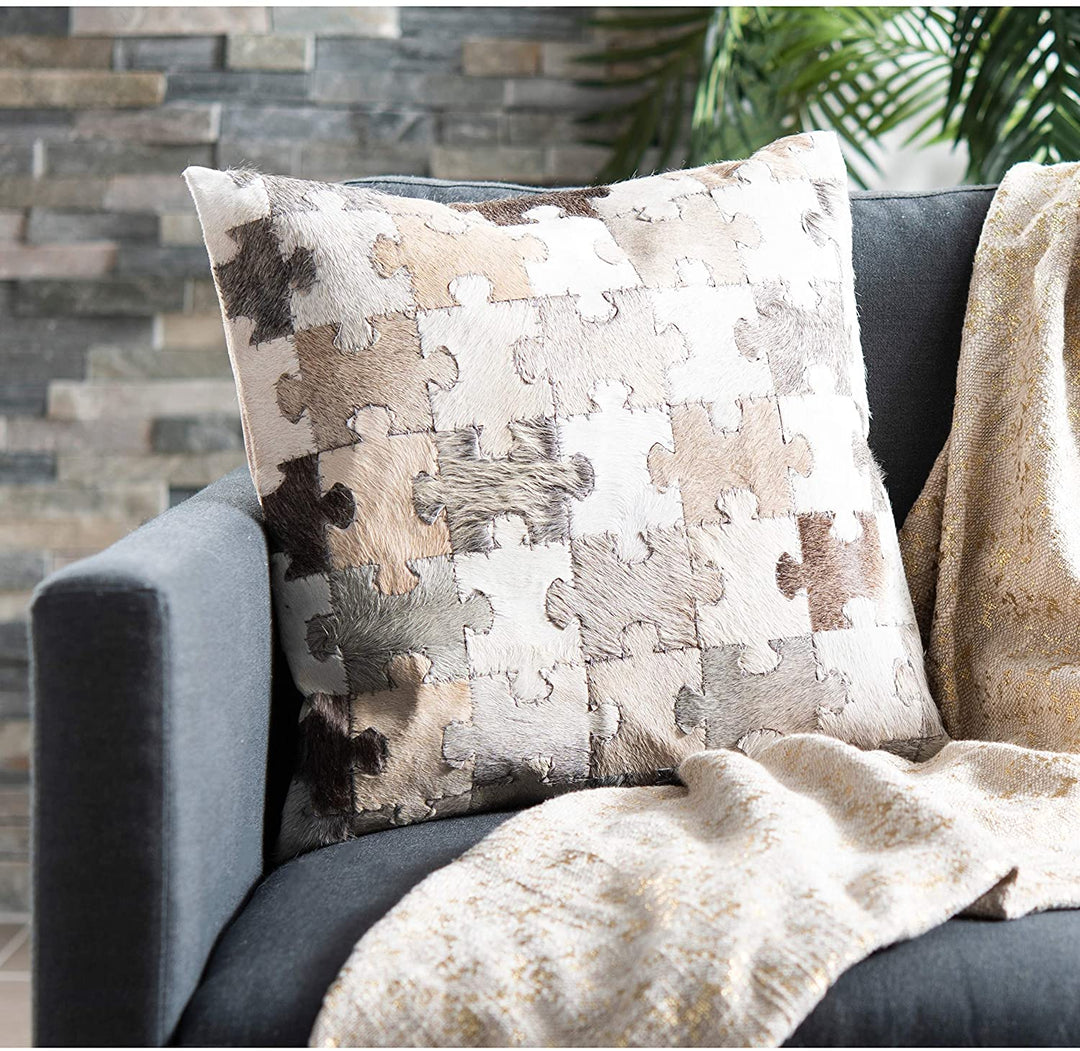 Cowhide Mason Puzzle 22 inch /Grey Decorative Pillow (Set 2)