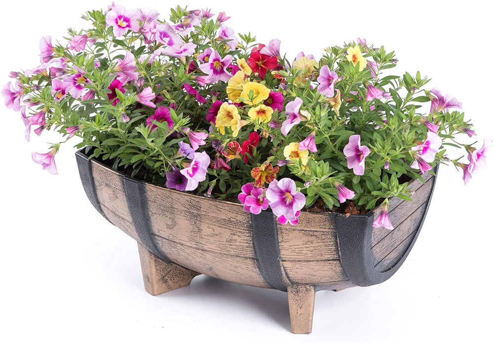 Rustic Wood Look Plastic Half Barrel Flower Pot Garden Planter Pack 2 Brown Round - Diamond Home USA