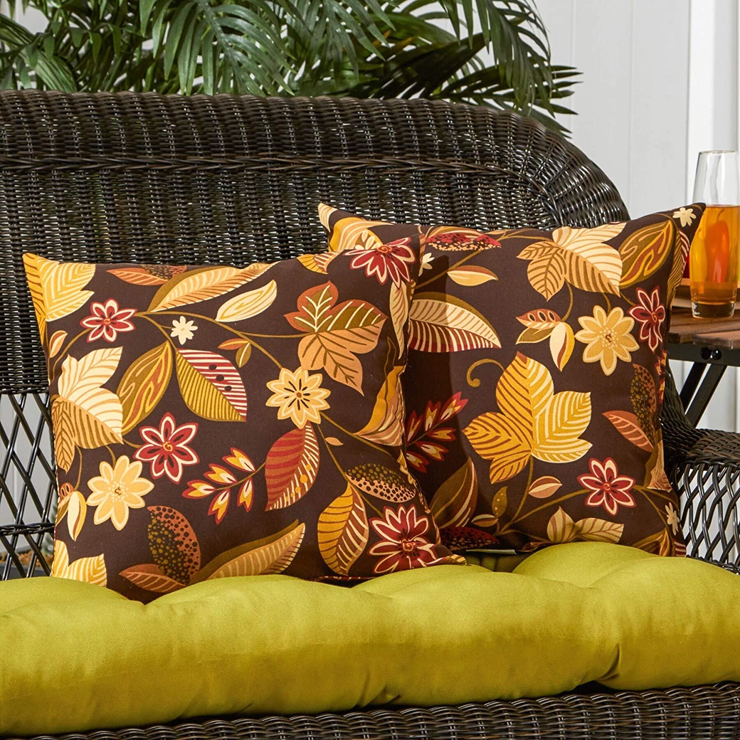 Woodsy Floral Outdoor 17 inch Accent Pillow (Set 2) Brown Red Yellow Traditional Transitional Polyester Fade Resistant Uv Water
