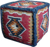 Handmade Upholstered Ottoman Pouf Red Geometric Rustic Pattern Specialty Wood Finish