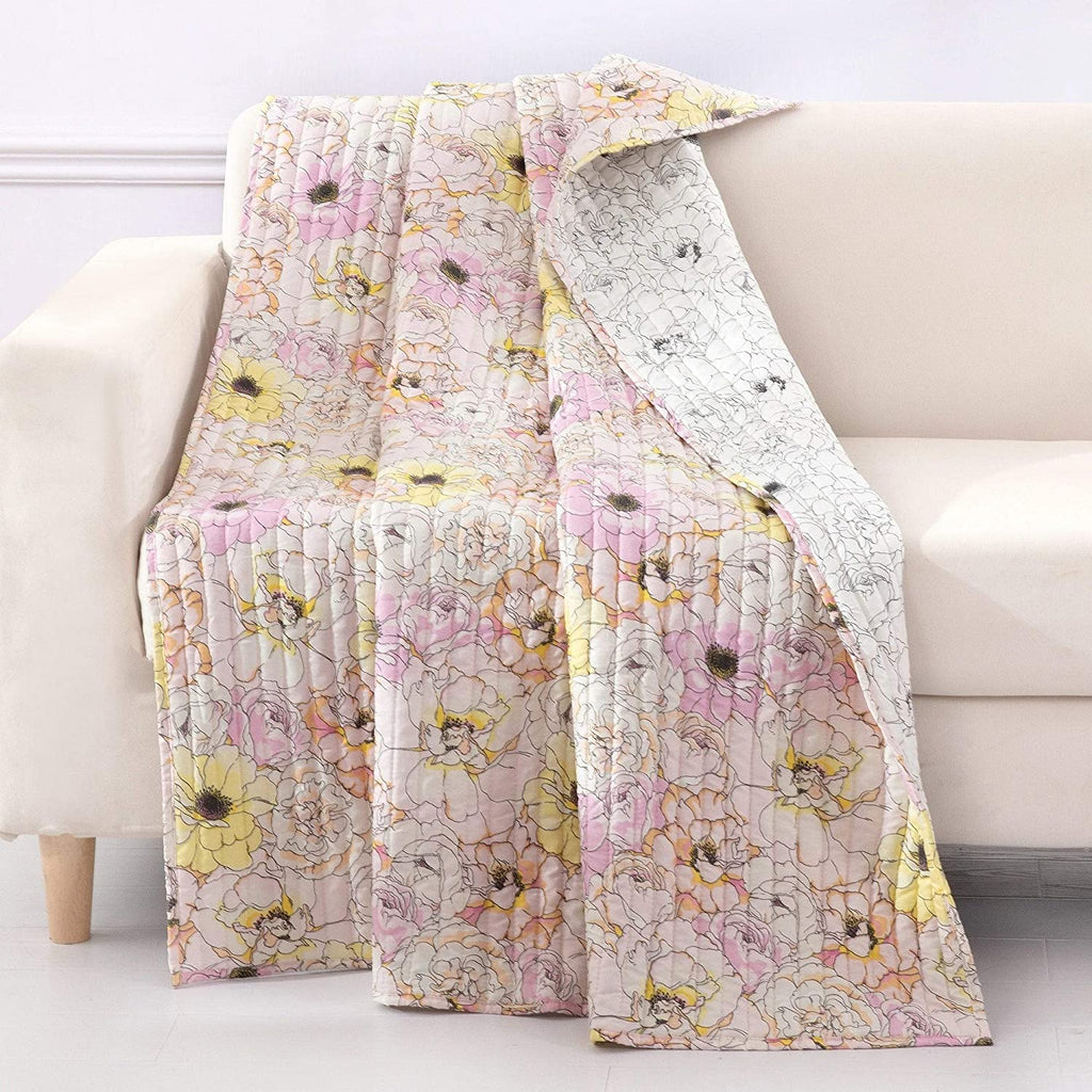 Bloom Quilted Throw Blanket Pink Botanical Floral Glam Modern Contemporary Microfiber