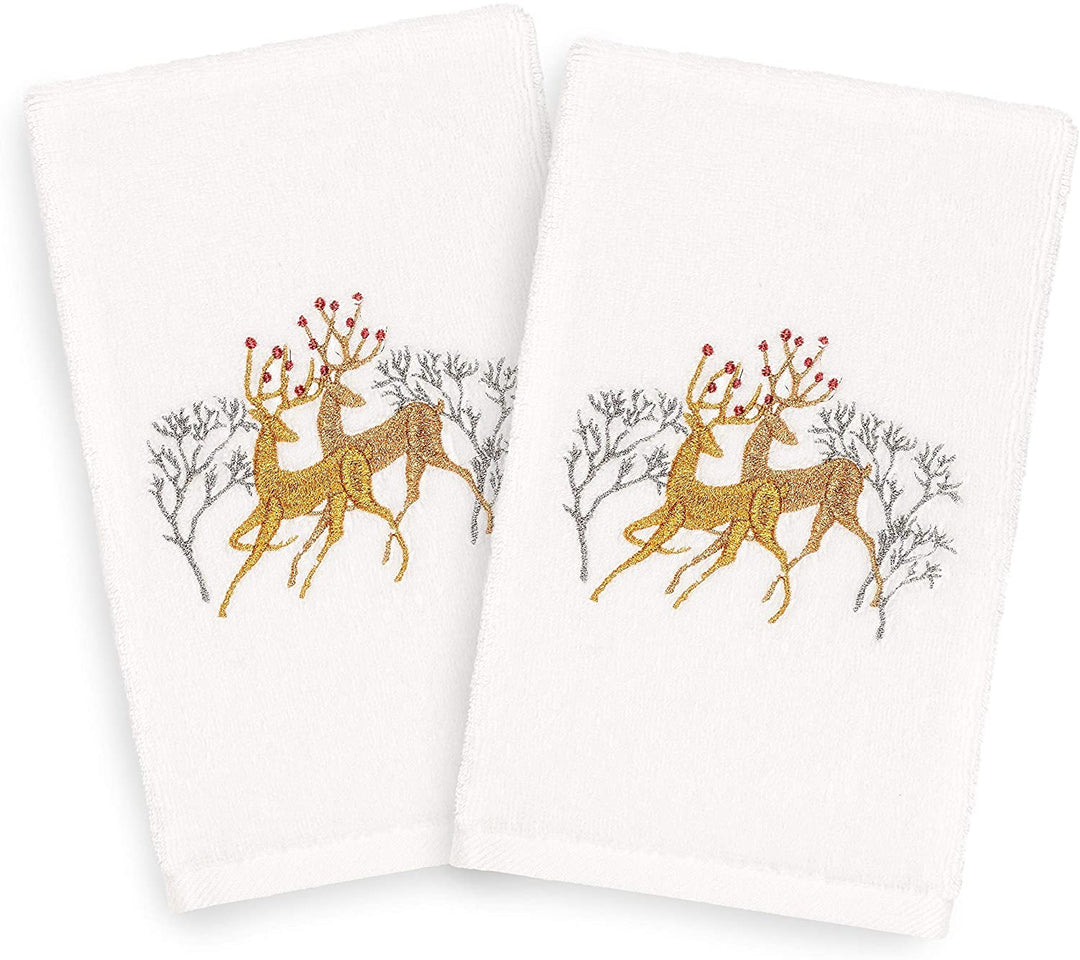 Turkish Cotton Gold Reindeer White Set 2 Hand Towels