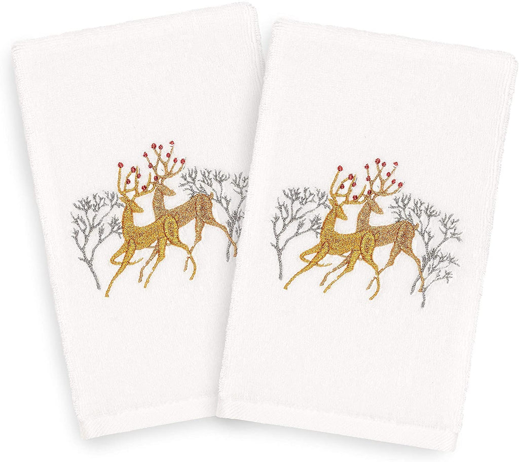 Turkish Cotton Gold Reindeer White Set 2 Hand Towels Silver Terry Cloth Embroidered