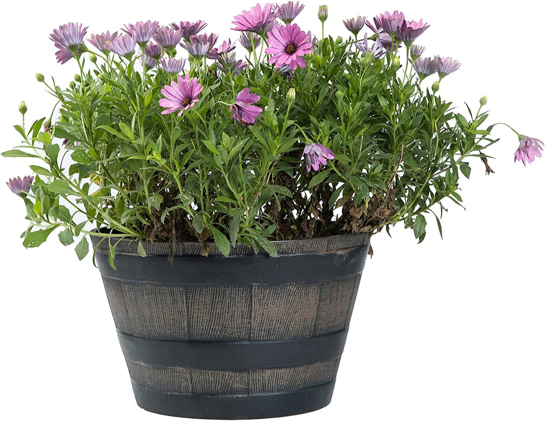 Rustic Wood Look Plastic Half Barrel Flower Pot Bucket Planter Pack 4 Black Round - Diamond Home USA