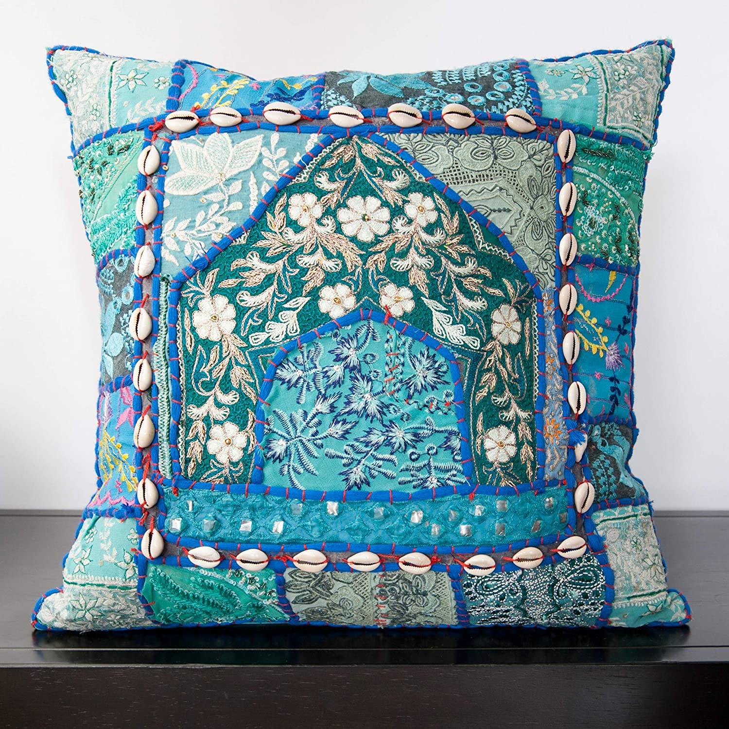 MISC Blue Patchwork 22 inch Decorative Feather Down Pillow Nautical Coastal Cotton Polyester Single