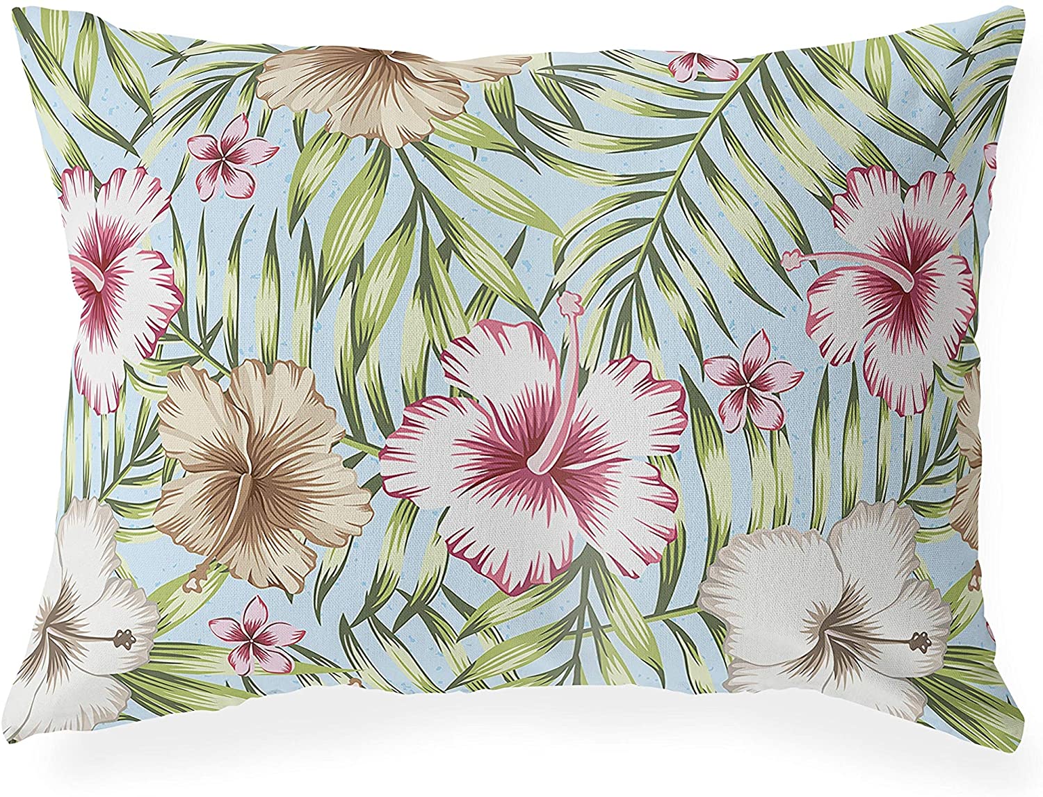 UKN Green Tropical Leaves Burgundy Hibiscus Lumbar Pillow Green Floral Tropical Polyester Single Removable Cover
