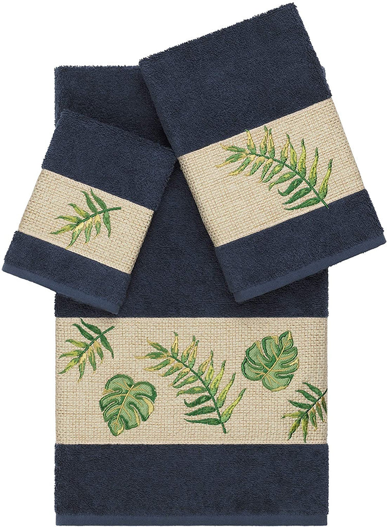UKN Turkish Cotton Palm Fronds Embroidered Midnight Blue 3 Piece Towel Set Cloth