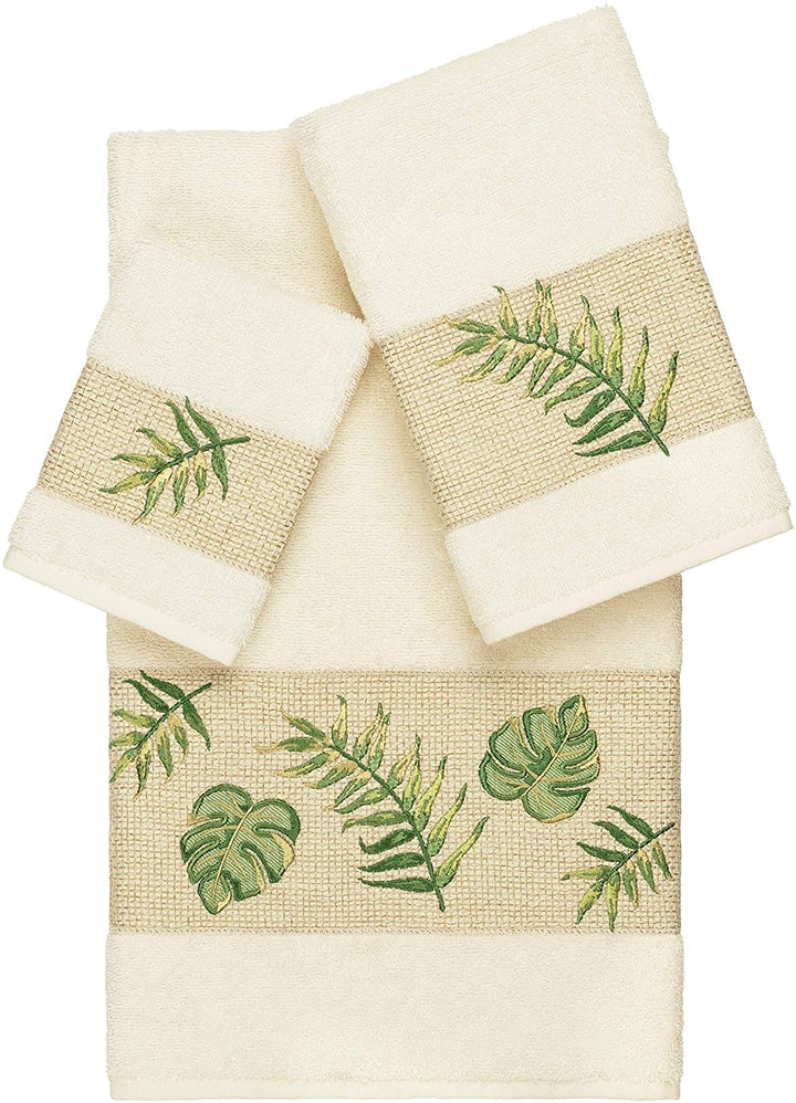 Turkish Cotton Palm Fronds Embroidered Cream 3 Piece Towel