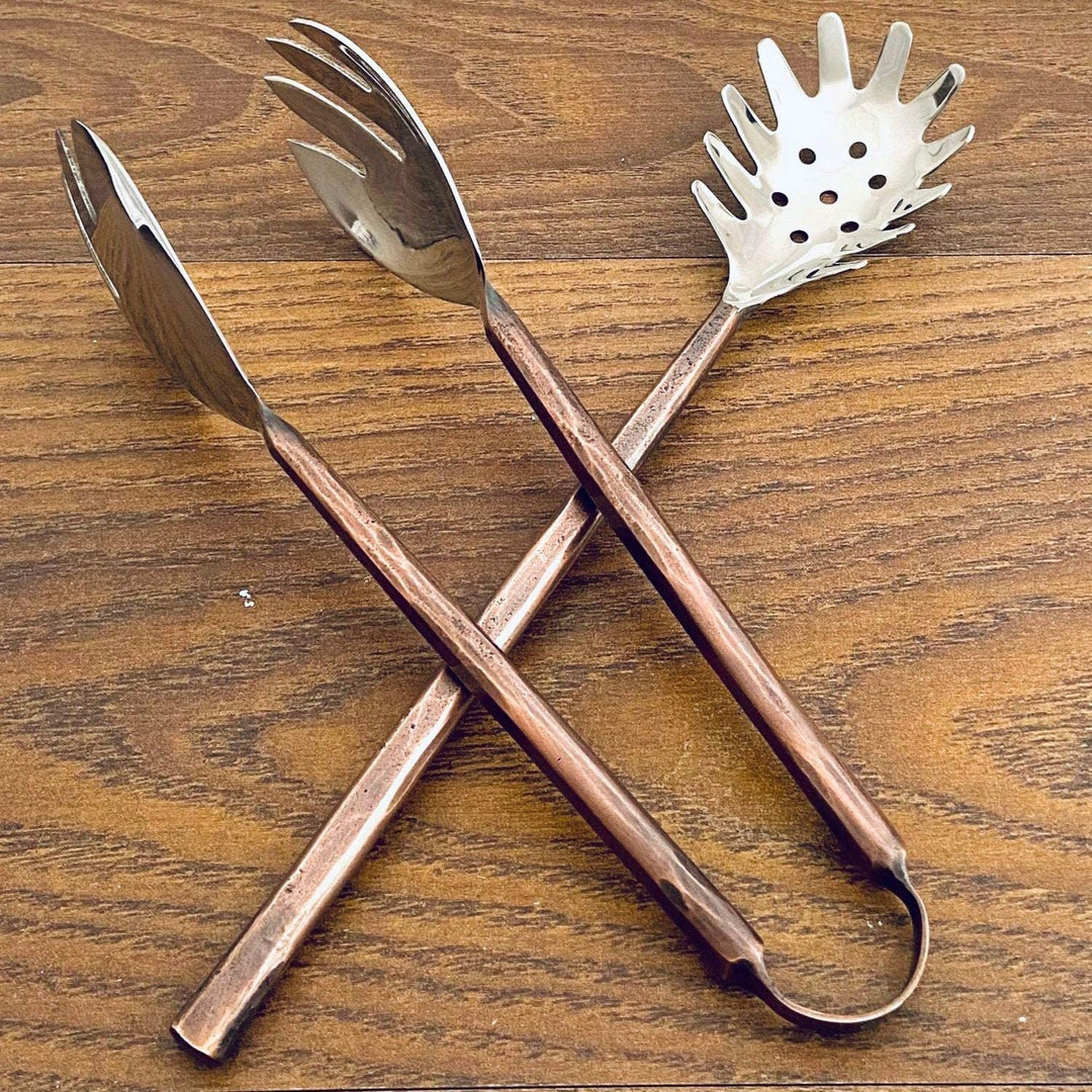 Antique Copper 2pc Server Spaghetti Set Bronze Stainless Steel 2 Piece Handmade - Diamond Home USA