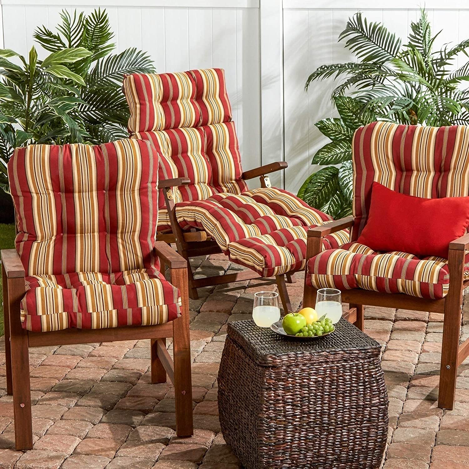 MISC Outdoor Stripe Seat/Back Combo Cushion by Red Tan Striped Traditional Transitional Fabric Polyester Fade Resistant Uv Water