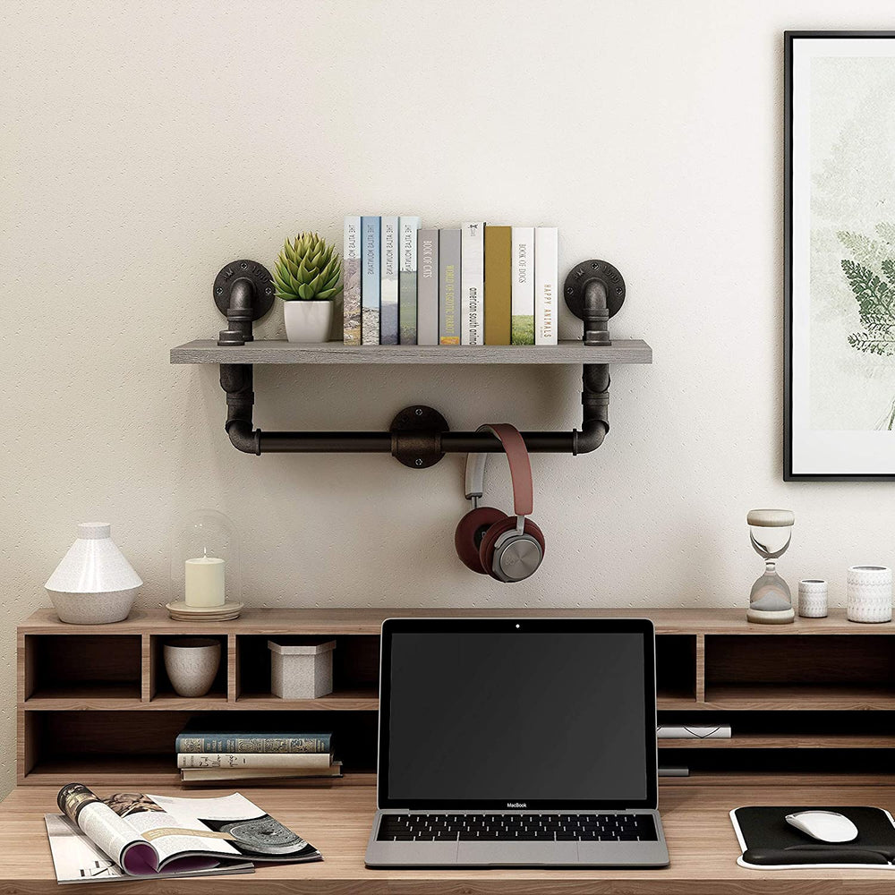 Industrial Grey Floating Wall Shelf Transitional Iron MDF Oak Finish Includes Hardware - Diamond Home USA