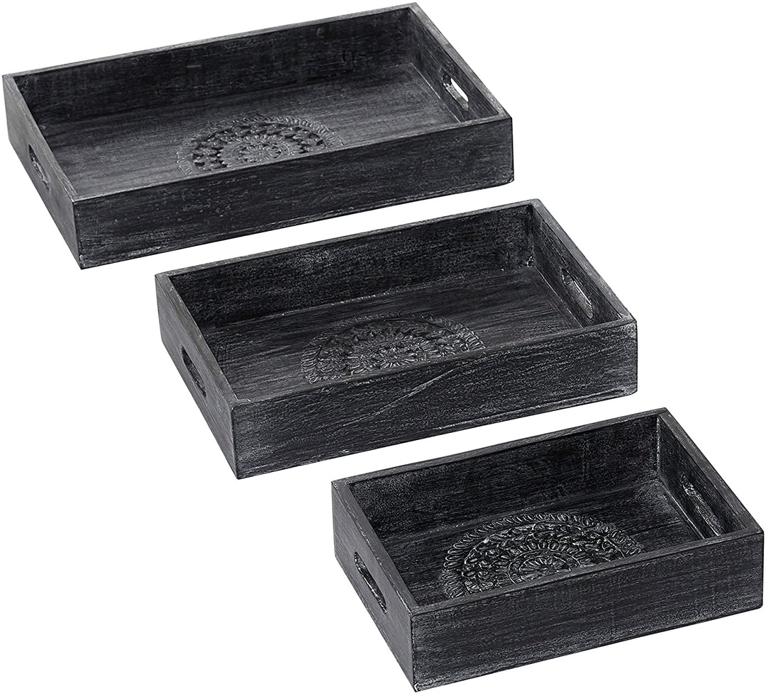 Black Wooden Trays Carving Set 3 18" 15" 12" 18 X 12 Wood - Diamond Home USA