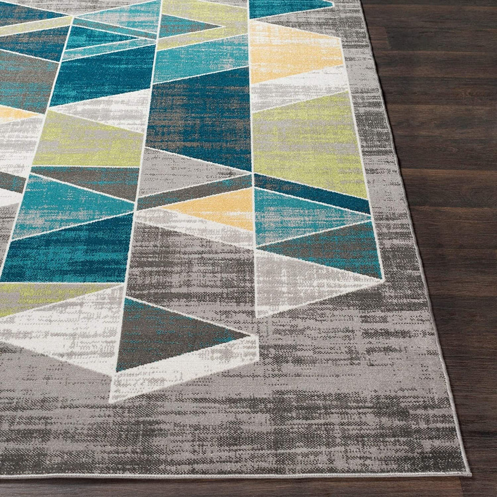 Teal Gray Mid Century Geometric Area Rug (7'10" X 10'3") 7'10" 10'3" Blue Modern Contemporary Rectangle Polypropylene Synthetic Latex Free Pet