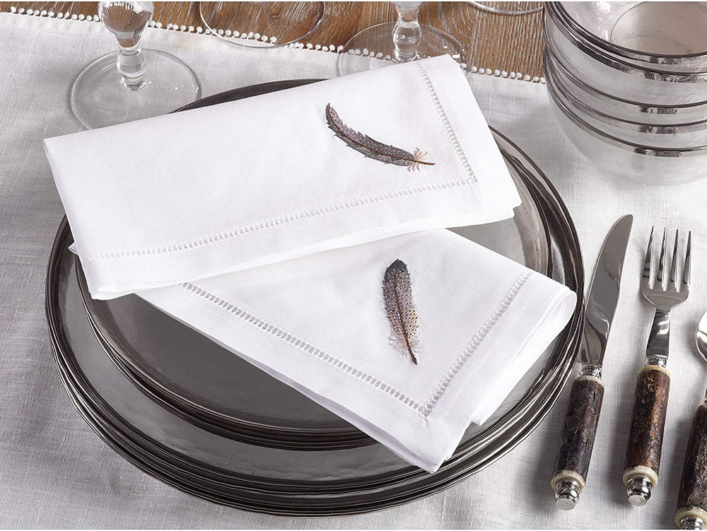 Embroidered Gray Feather Hemstitched Cotton Napkin (Set 6) White Solid Country Farmhouse Rustic Square - Diamond Home USA