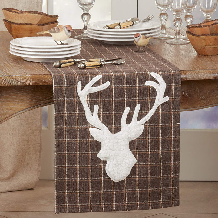 Plaid Table Runner Reindeer Design Brown