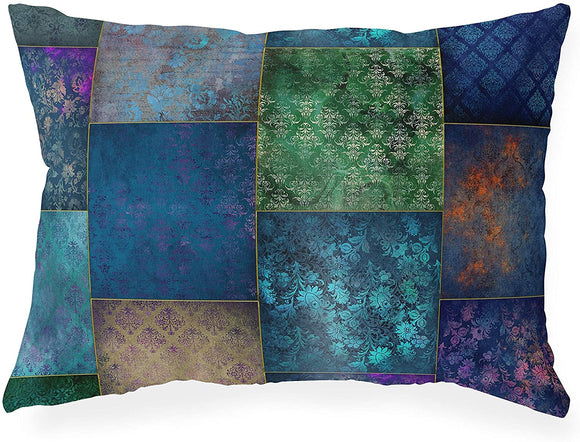 UKN Eclectic Bohemian Patchwork Blue Green Gold Lumbar Pillow Blue Geometric Bohemian Eclectic Polyester Single Removable Cover