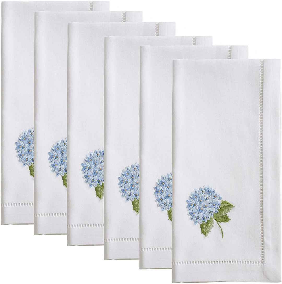 Hemstitch Napkins Embroidered Blue Hydrangea Design (Set 6) White Square Cotton