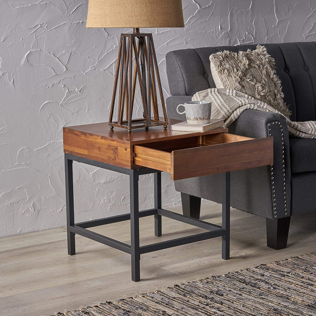 Industrial Square Acacia Wood Storage End Table by Brown