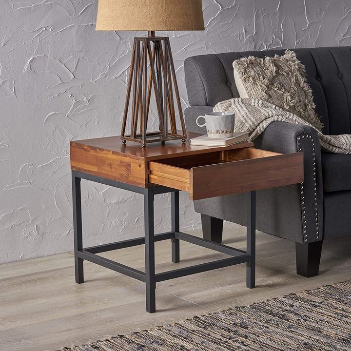 Industrial Square Acacia Wood Storage End Table by Brown