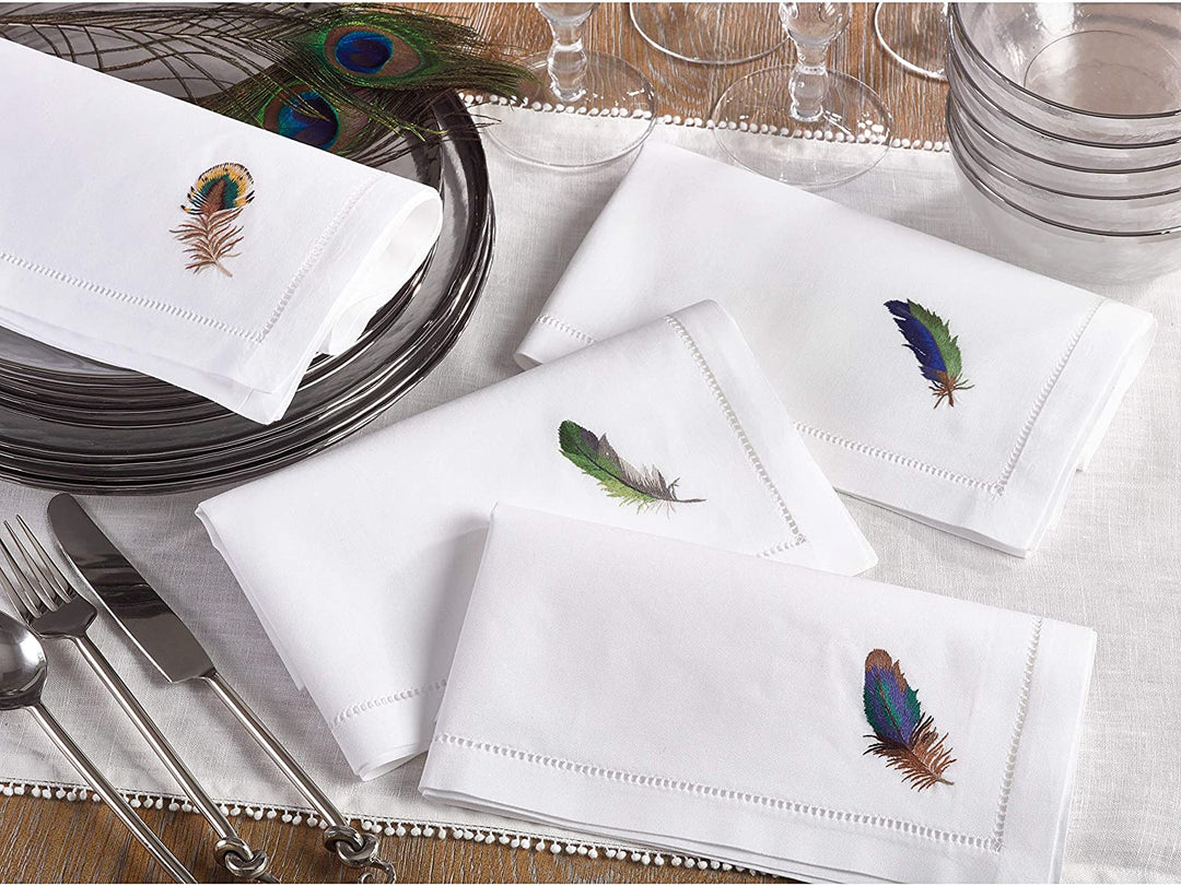 Embroidered Multicolor Feather Hemstitched Cotton Napkin (Set 6) White Solid Country Farmhouse Rustic Square - Diamond Home USA