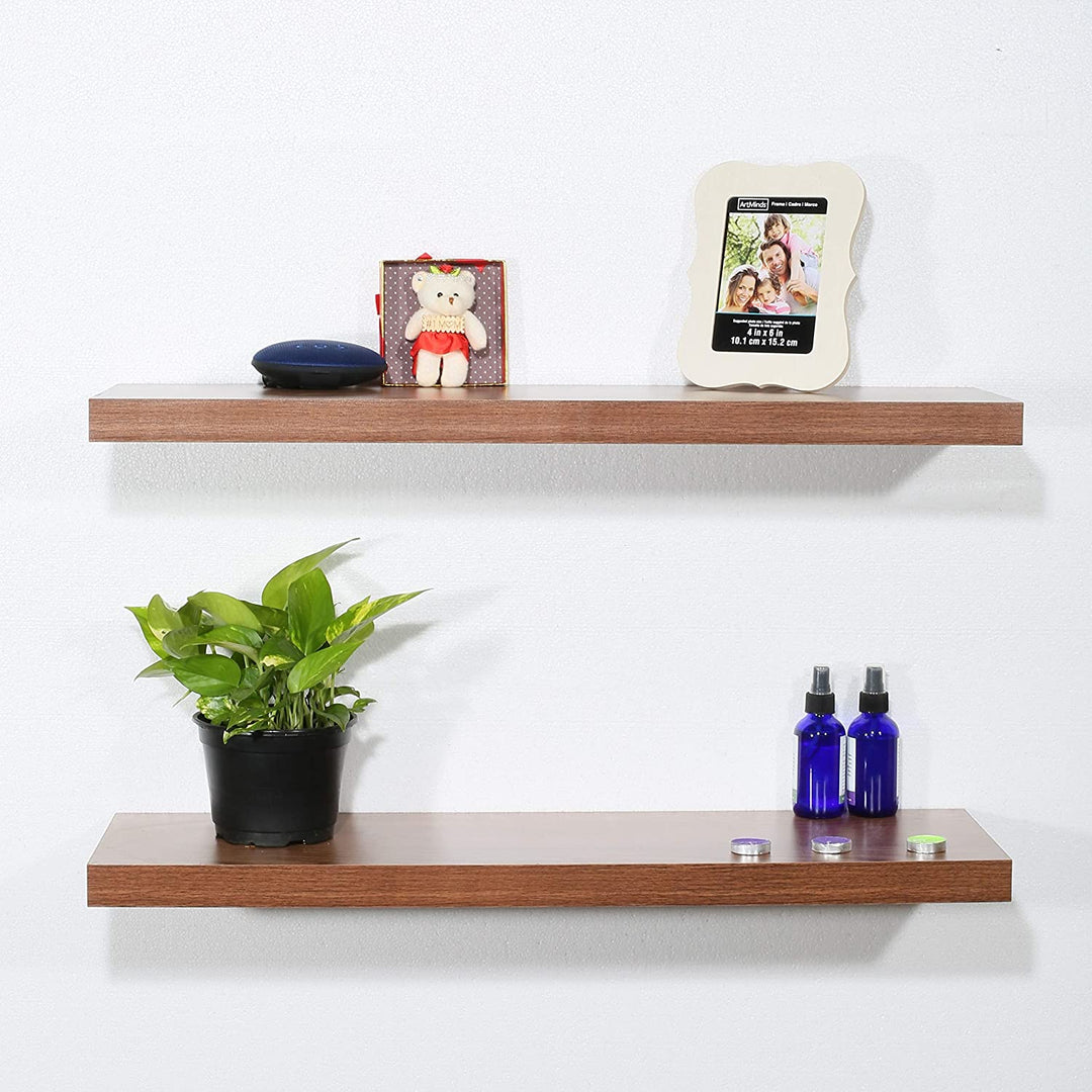 Set 2 Modern Contemporary Jd Walnut Floating Shelf 31 59 251 5 Inches Brown Mid Century MDF Wood Natural Finish Includes Hardware Storage - Diamond Home USA