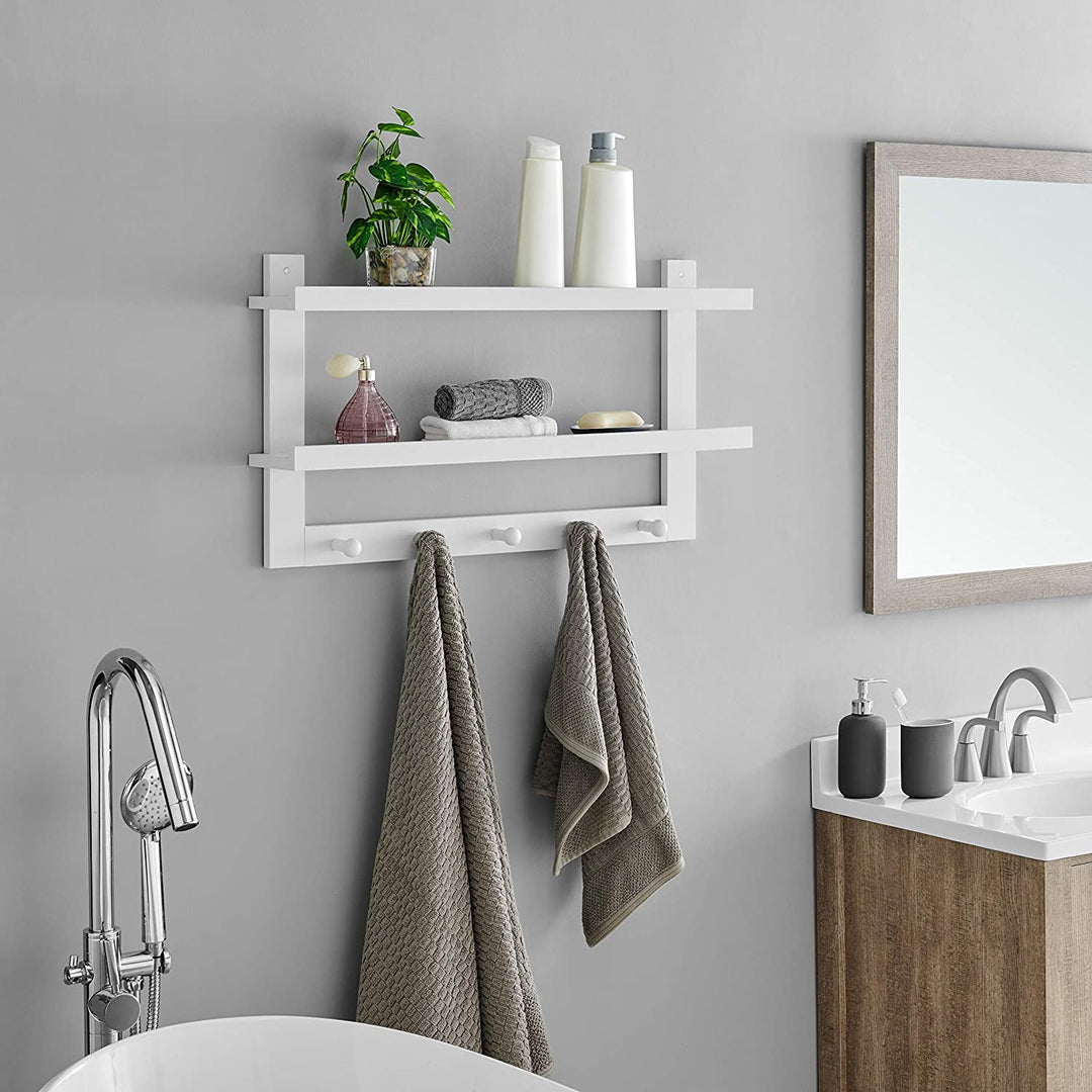 Two Tier Ledge Shelf Wall Organizer Five Hanging Hooks White MDF Matte Includes Hardware - Diamond Home USA