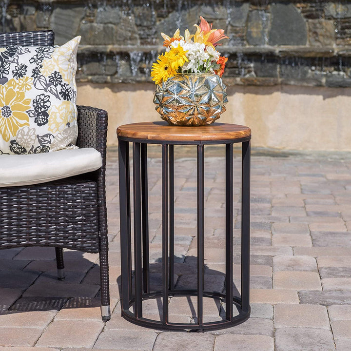 Outdoor Acacia Wood Round Accent Table Brown Urban Iron