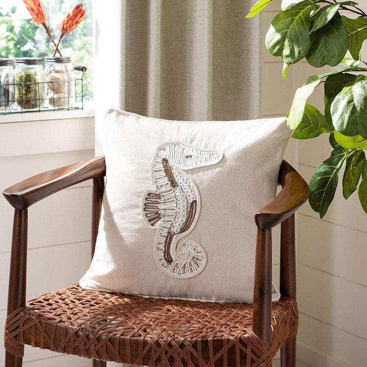 18" Seahorse Pillow Beige Animal Nautical Coastal