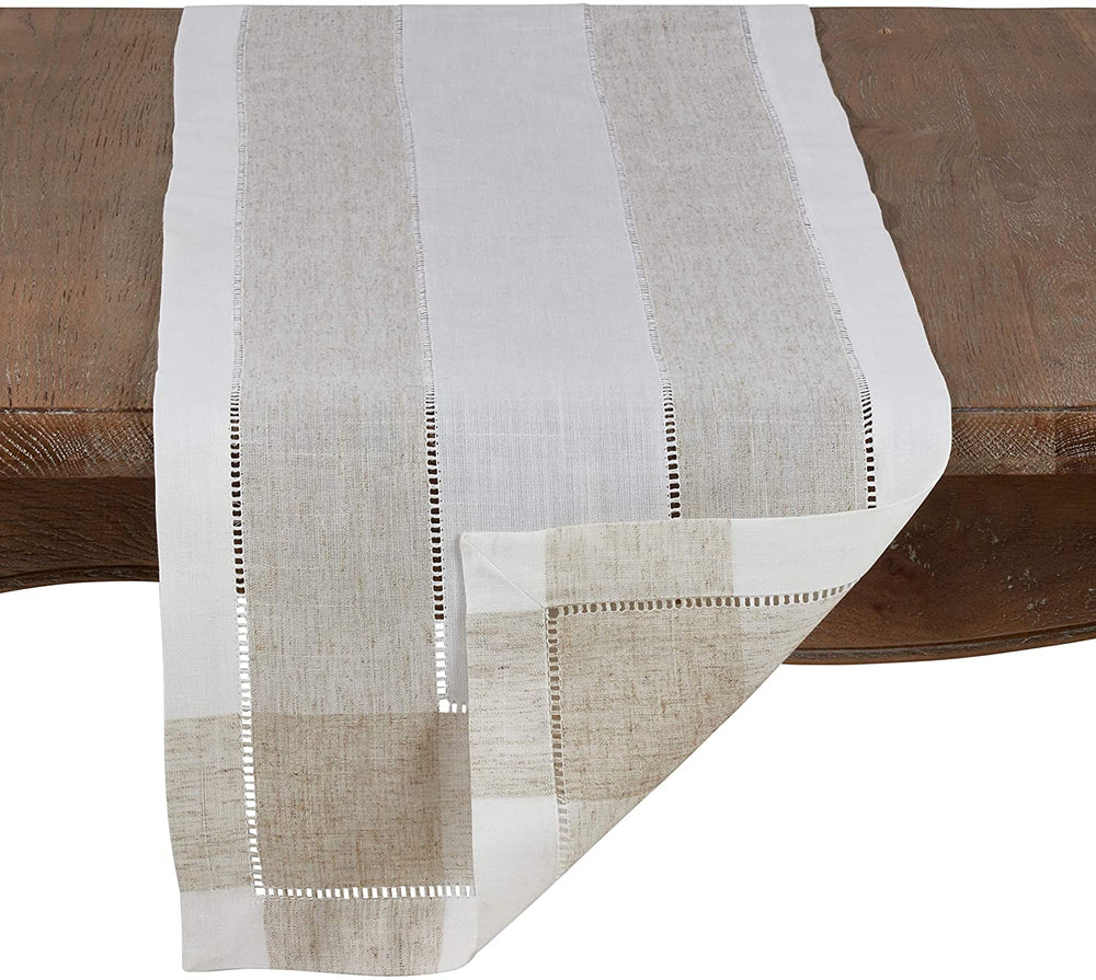 Timeless Linen Blend Table Runner Hemstitch Accents Off/White Casual Classic Modern Contemporary Polyester