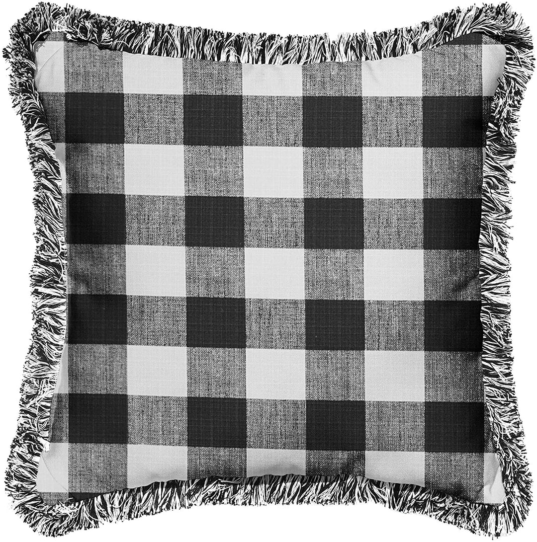 Black Plaid Indoor/Outdoor Square Pillow Fringe White Transitional Fabric Polyester Fade Resistant Uv - Diamond Home USA