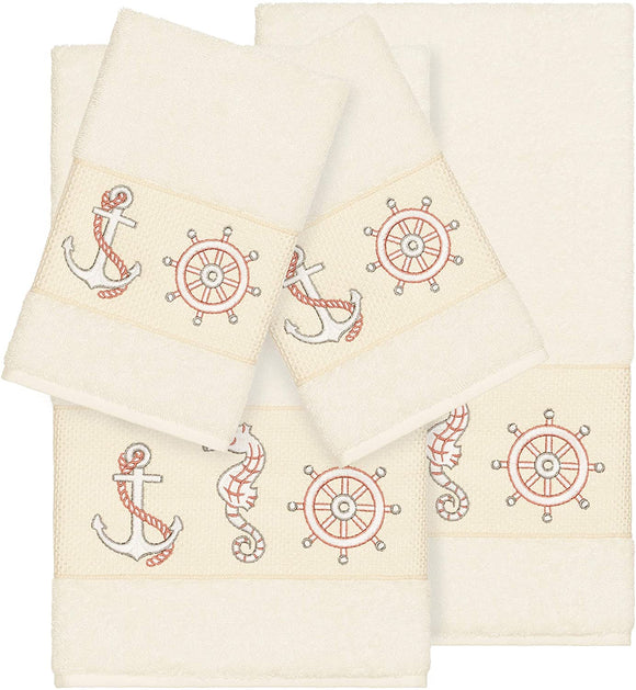 UKN Turkish Cotton Nautical Embroidered Cream 4 Piece Towel Set Off White Novelty Cloth