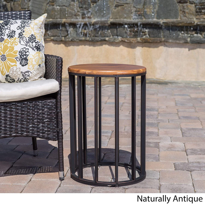 MISC Outdoor Acacia Wood Round Accent Table Brown Urban Iron Water Resistant Weather