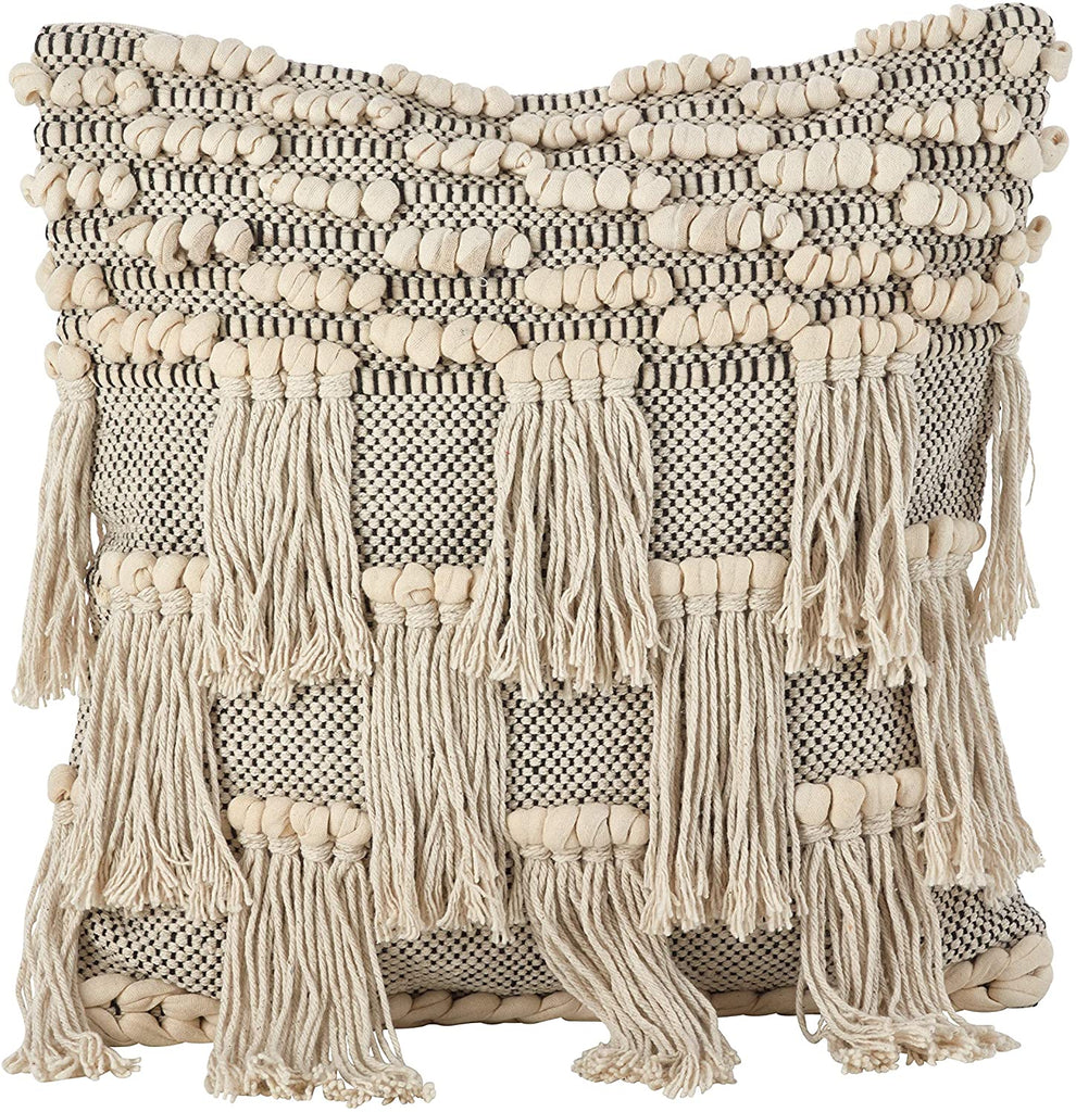 Moroccan Wedding Blanket Fringe Cotton Down Filled Throw Pillow Off/White Abstract Bohemian Eclectic Farmhouse Modern Contemporary Single