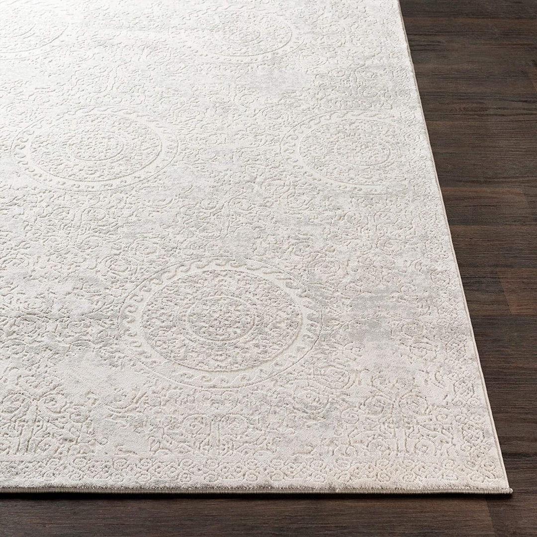 MISC Traditional Runner Rug 2'7" X 7'7" Grey Ivory White Medallion Rectangle Polyester Viscose Latex Free Pet Friendly Stain Resistant