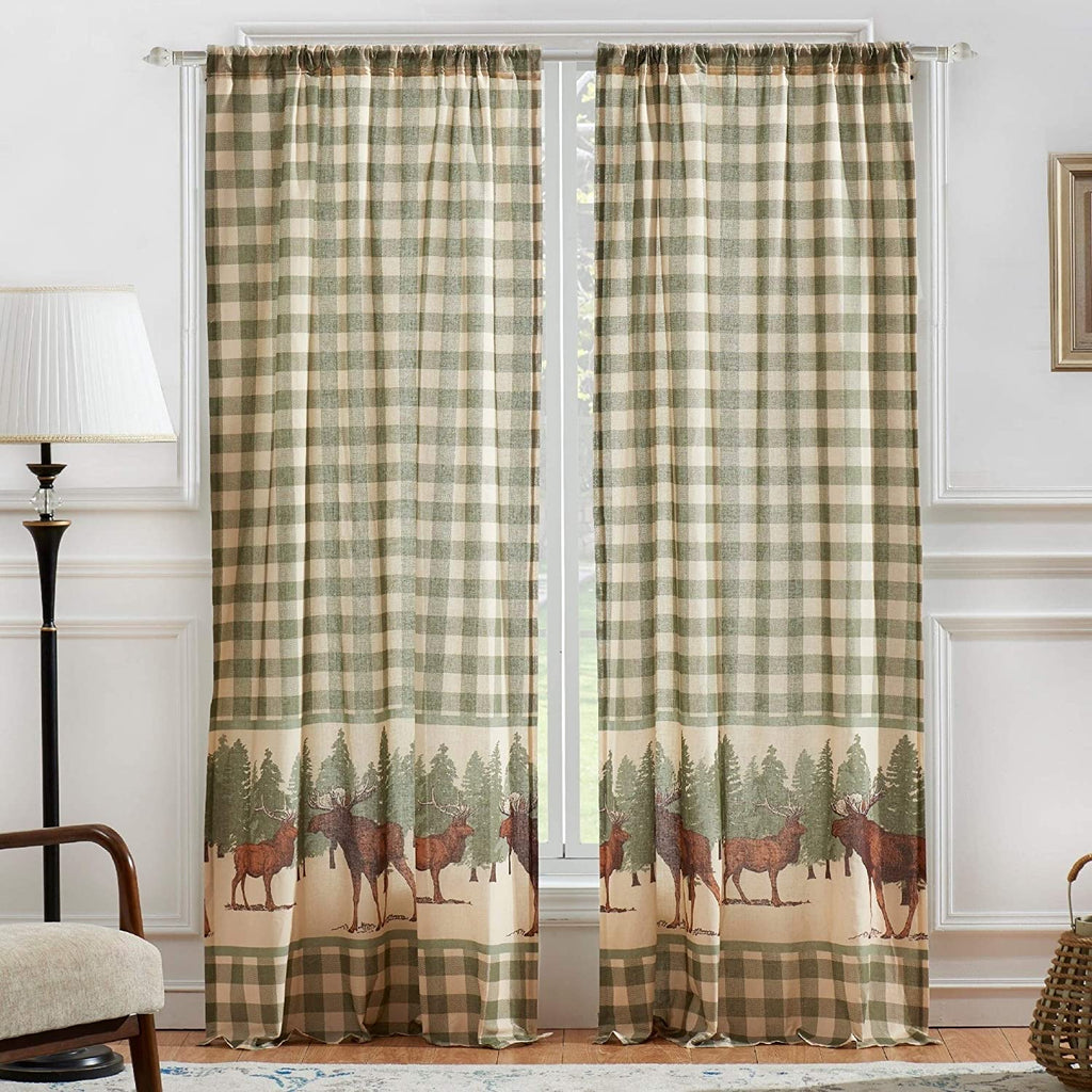 Moose Curtain Panel Pair 42" W X 84" L Brown Green Tan Plaid Wildlife Rustic Microfiber Lined