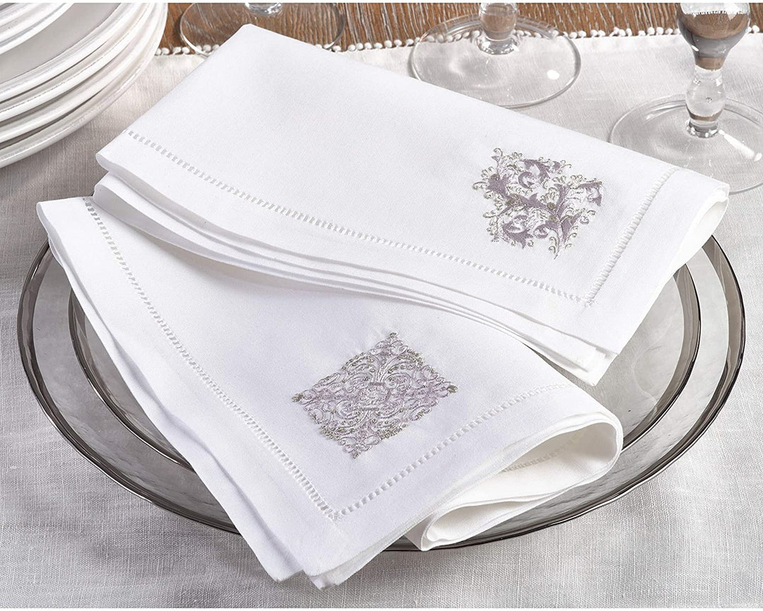 Embroidered Medallion Hemstitched Cotton Napkin (Set 6) White Design Solid Classic Formal Modern Contemporary Square